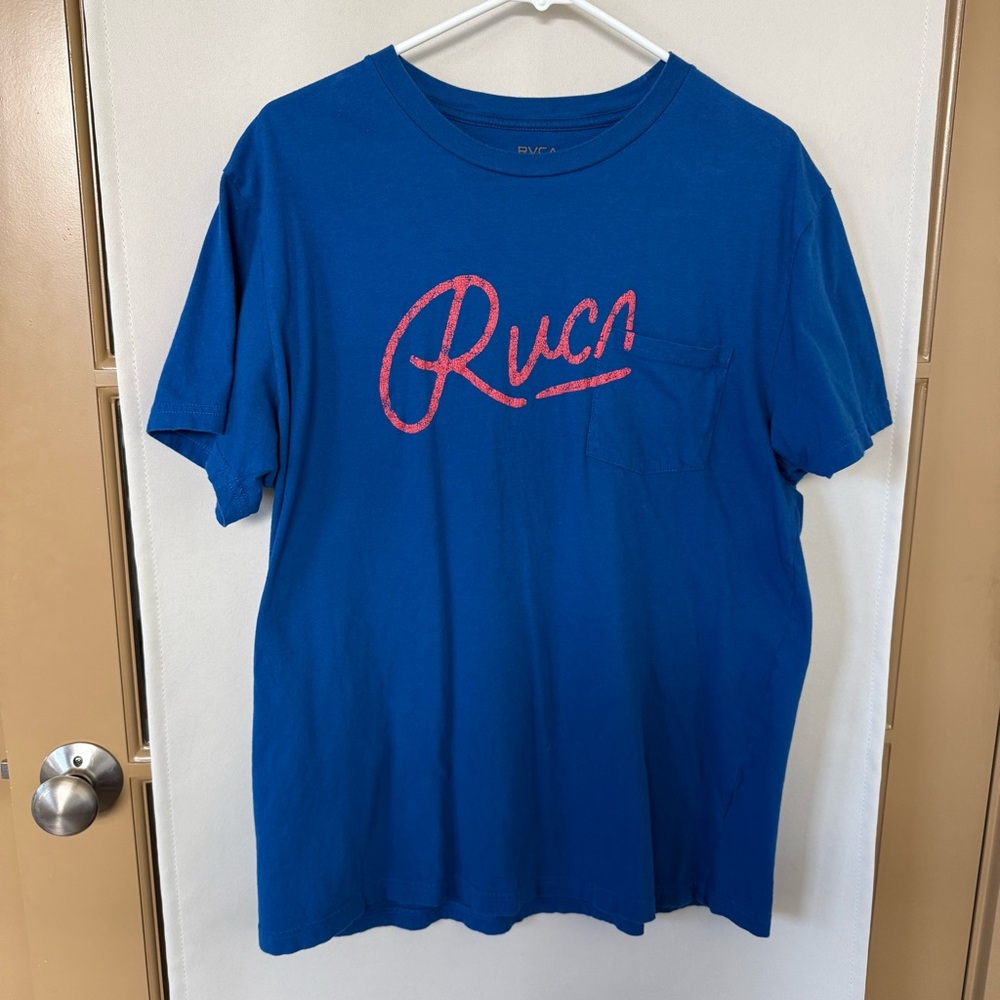 RVCA Men's XL Blue Orange Logo Pocket Short Sleeve Tee T-Shirt Top